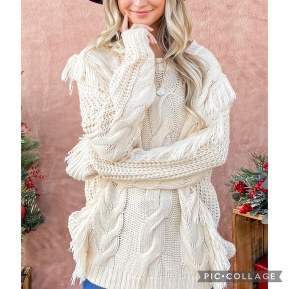 Cute!! Cream Cable & Fringe Sweater - Picture 2 of 5